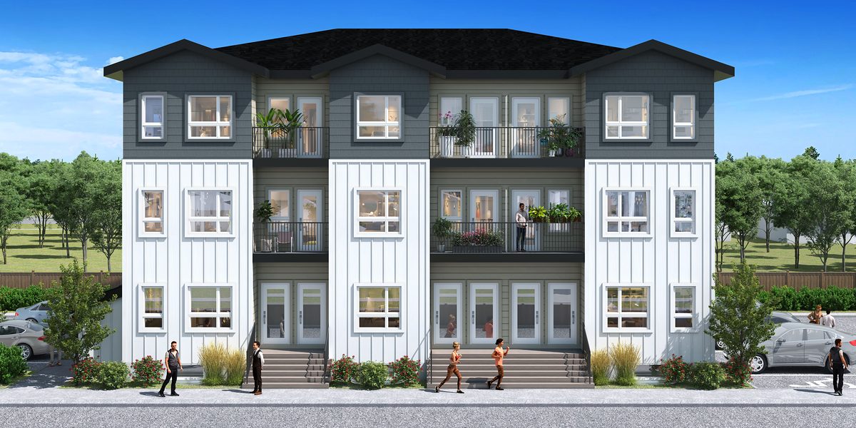 Front elevation of a 12-home building at 1811 John Brebeuf, with a private front entrance for each home