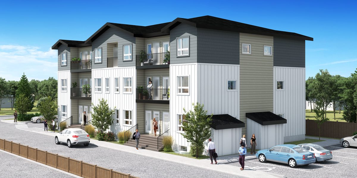 Corner view of the 16-home building at 1811 John Brebeuf, with front steps, landscaping and outdoor parking