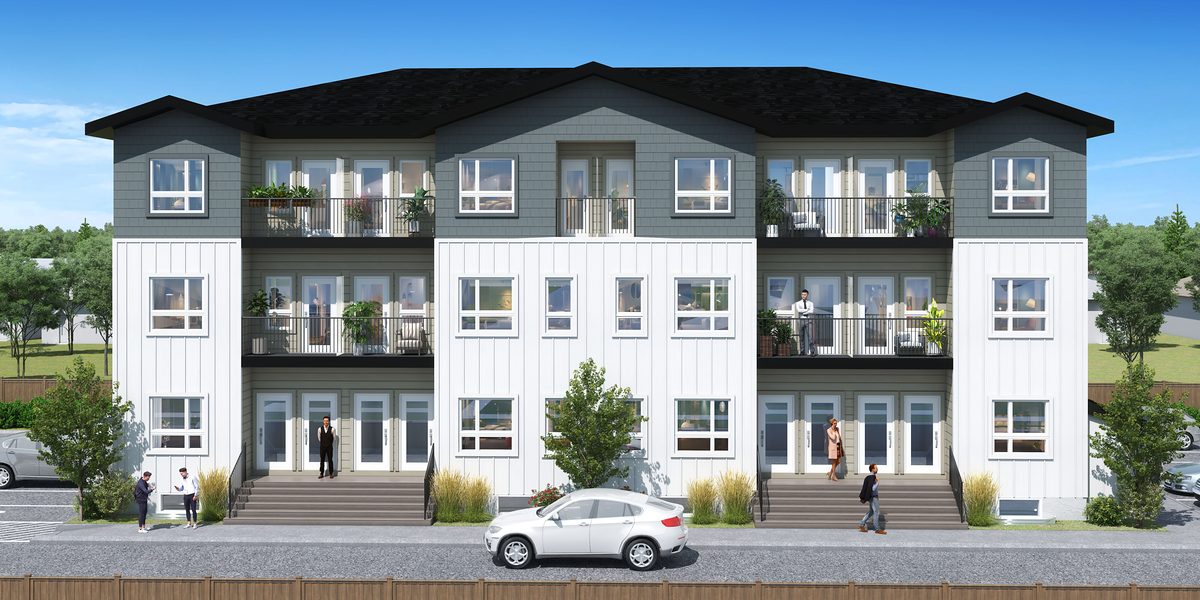 Front elevation of the 16-home building at 1811 John Brebeuf, with a private front entrance for each home
