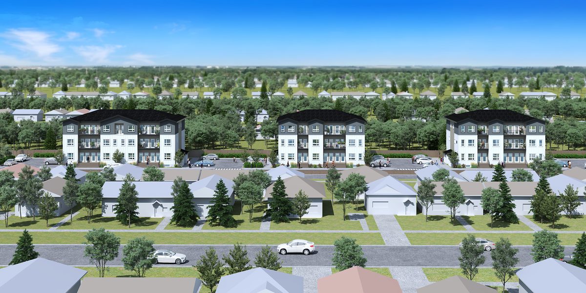The three townhome buildings of 1811 John Brebeuf rising above the houses of River Heights, Winnipeg