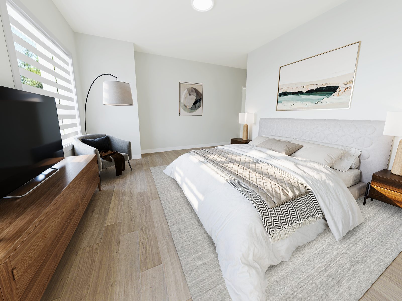 Bedroom rendering with a large window, a reading chair and a wood media console in a 1811 John Brebeuf rental townhome