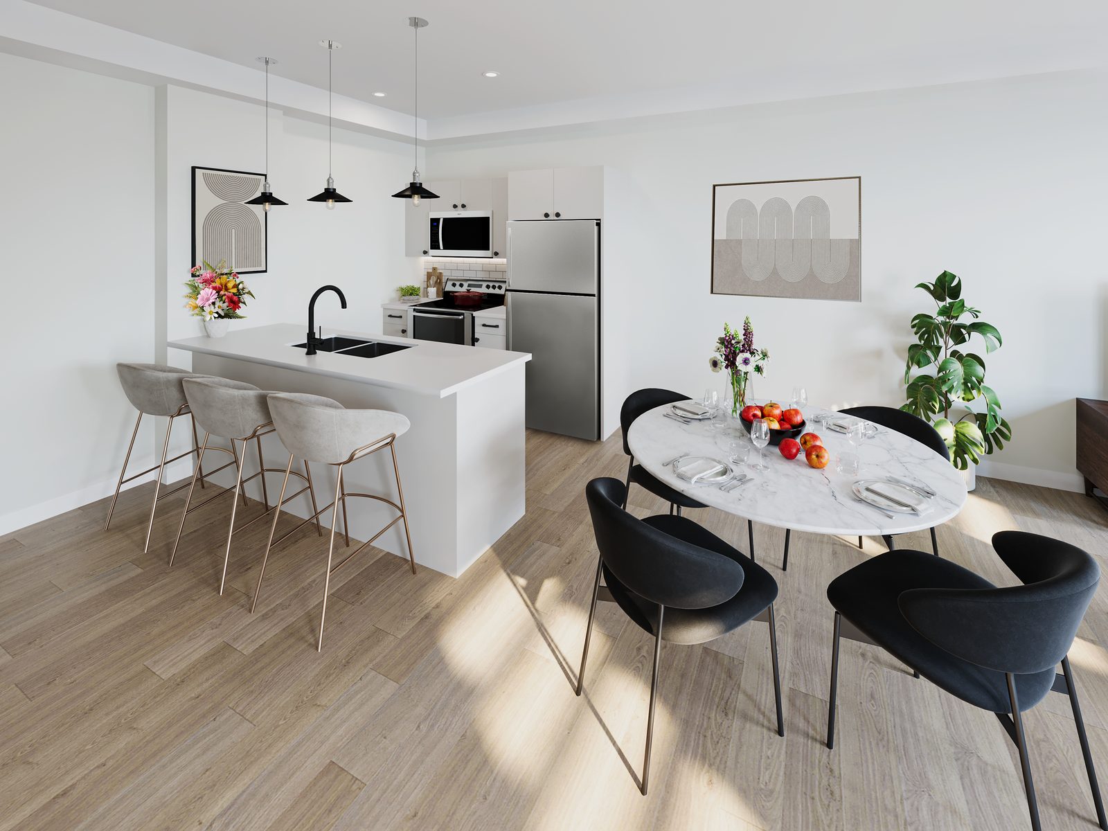 Dining area rendering with an oval table for four beside the kitchen island, in the open-concept main floor of a 1811 John Brebeuf townhome