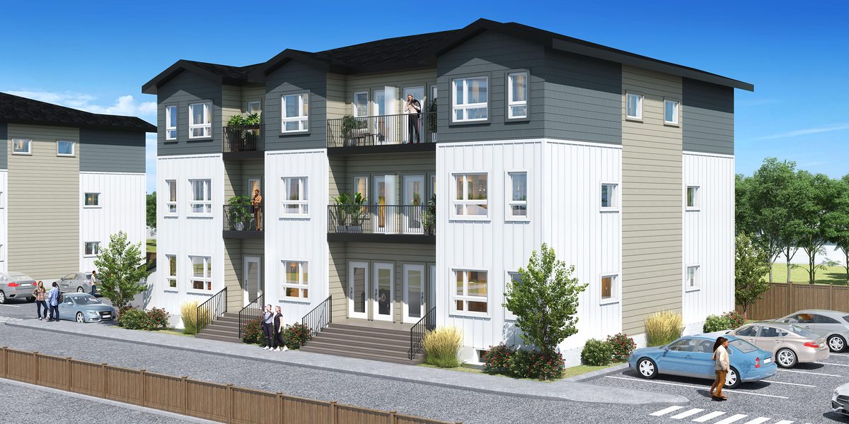 Front entrances of a 12-home building at 1811 John Brebeuf, each home with its own front door