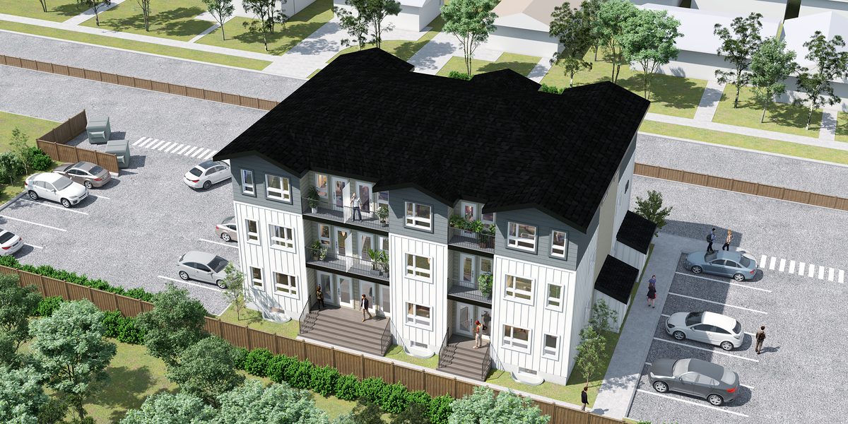 Aerial rendering of a 12-home building at 1811 John Brebeuf and its outdoor parking