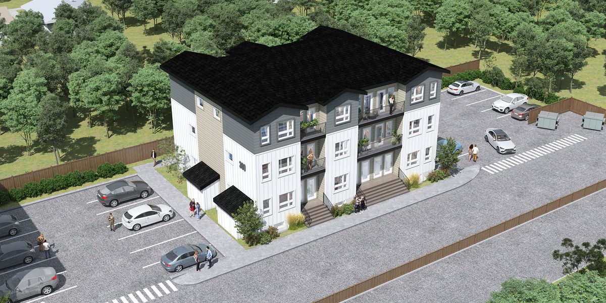 Aerial rendering of a 12-home building at 1811 John Brebeuf with outdoor parking stalls