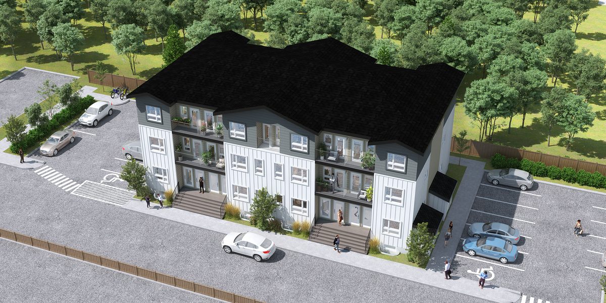 Aerial rendering of the 16-home building at 1811 John Brebeuf and its outdoor parking