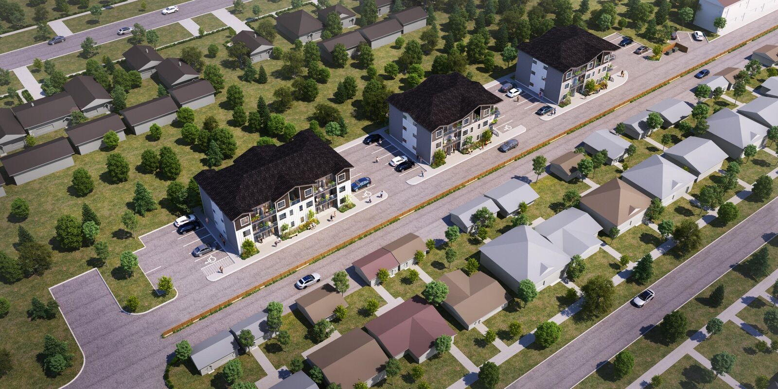 Aerial rendering of the three buildings of 1811 John Brebeuf along the landscaped pedestrian walkway