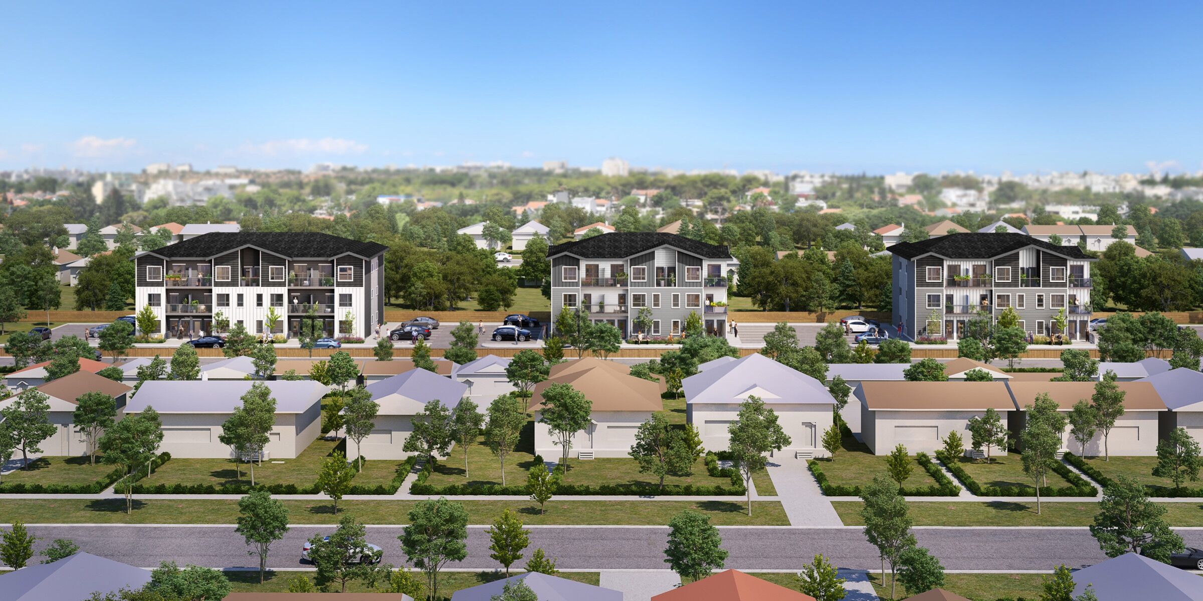 Rendering of the three townhome buildings at 1811 John Brebeuf on a tree-lined street in River Heights, Winnipeg