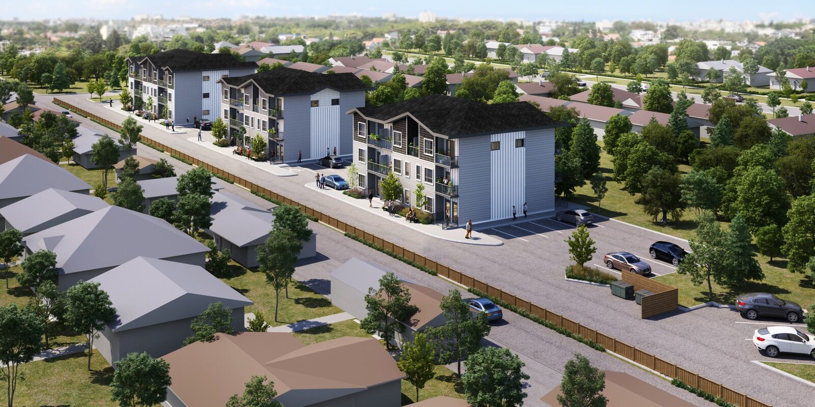 Aerial view along John Brebeuf Place with the three buildings on the left