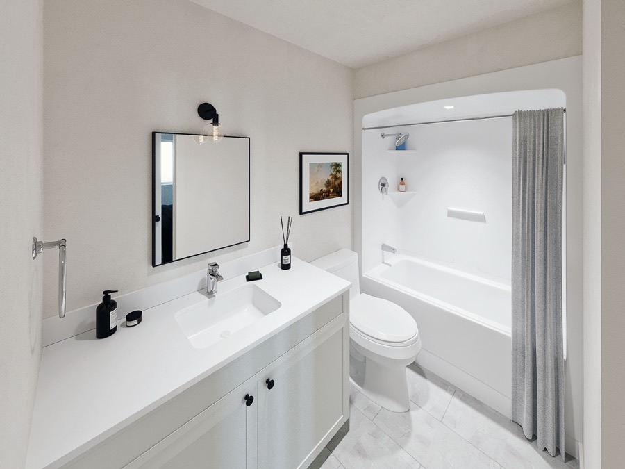 Bathroom with tub, shower, and black-framed mirror
