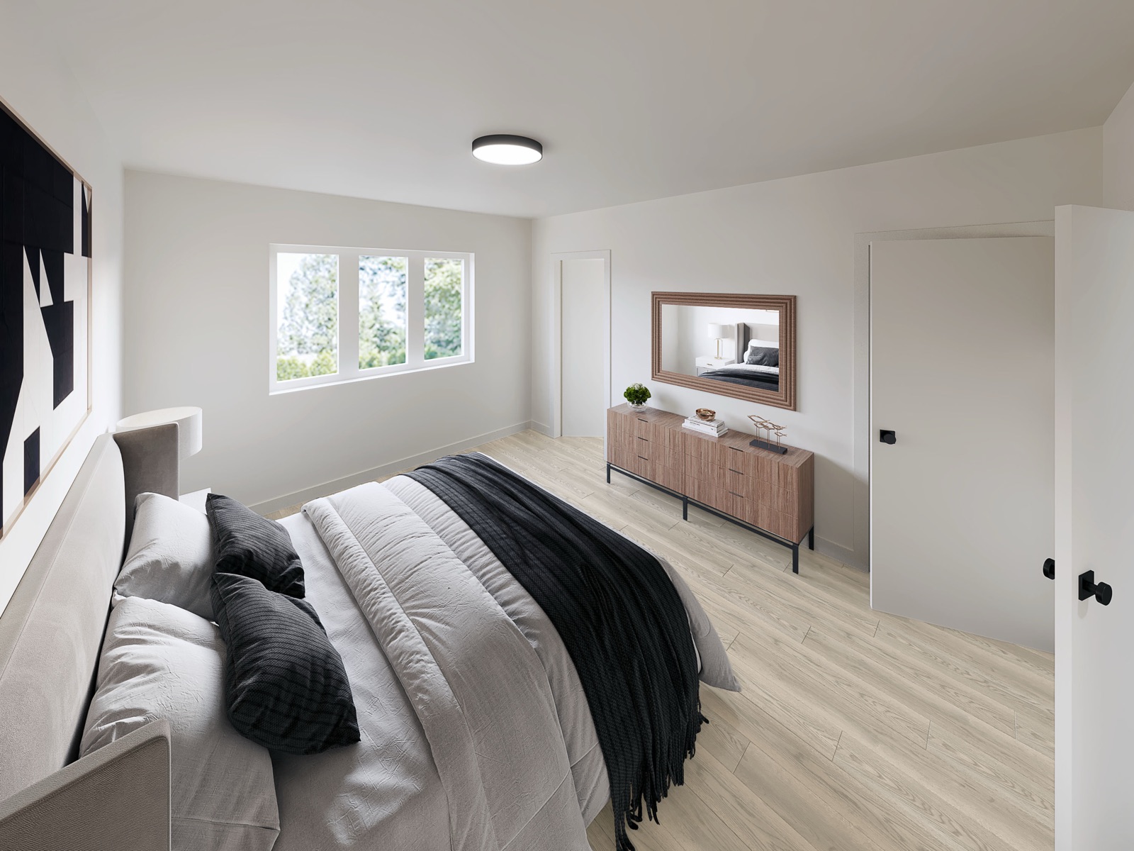 Bedroom rendering with treetop views through triple windows
