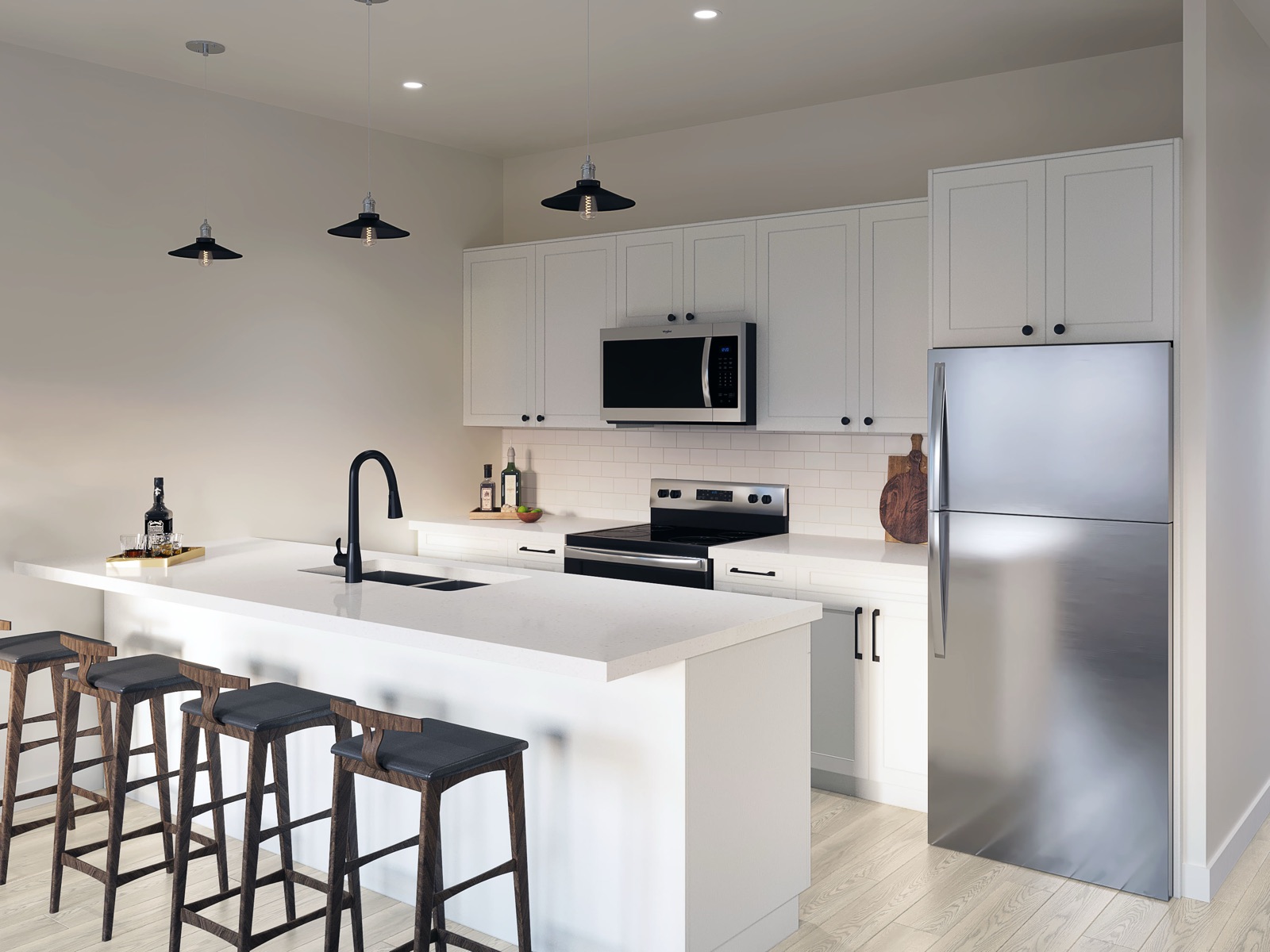 Townhome kitchen rendering with white full-height cabinetry, quartz island, and matte black fixtures